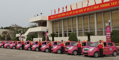 Dàn xe của taxi Hoàng Anh với màu hồng nổi bật.