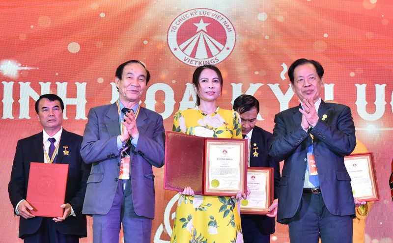 Bà Dương Thị Hằng - Phó ban Truyền thông Tập đoàn Vingroup, đại diện Tập đoàn đón nhận Kỷ niệm chương Tinh hoa Kỷ lục.