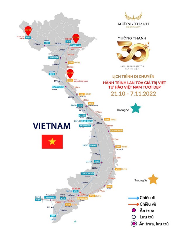 Lịch trình di chuyển của: "Hành trình lan tỏa giá trị Việt - Tự hào Việt Nam tươi đẹp" qua 48 tỉnh, thành phố của hơn 400 cán bộ, nhân viên Tập đoàn Mường Thanh.