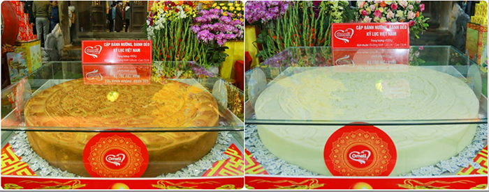Cặp bánh nướng, bánh dẻo được xác lập Kỷ lục Việt Nam được bày biện trang trọng, dâng viếng tại Đền Trần Thái Bình năm 2023.