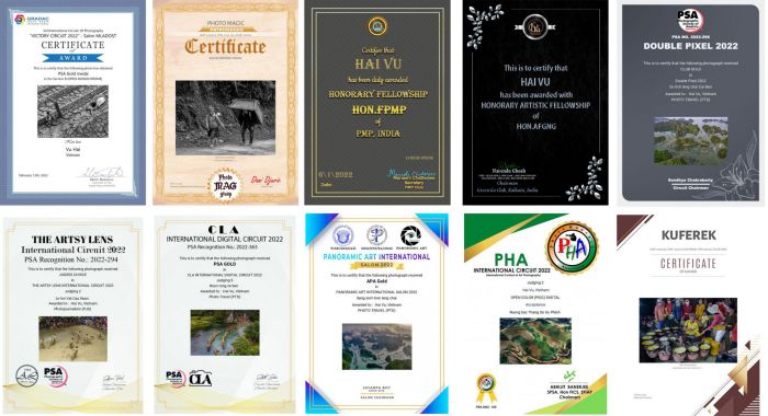 Một số giải thưởng quốc tế cùng bằng danh dự mà NSNA Vũ Hải đã xuất sắc đạt được trong 40 năm cầm máy (ảnh VietKings tổng hợp)