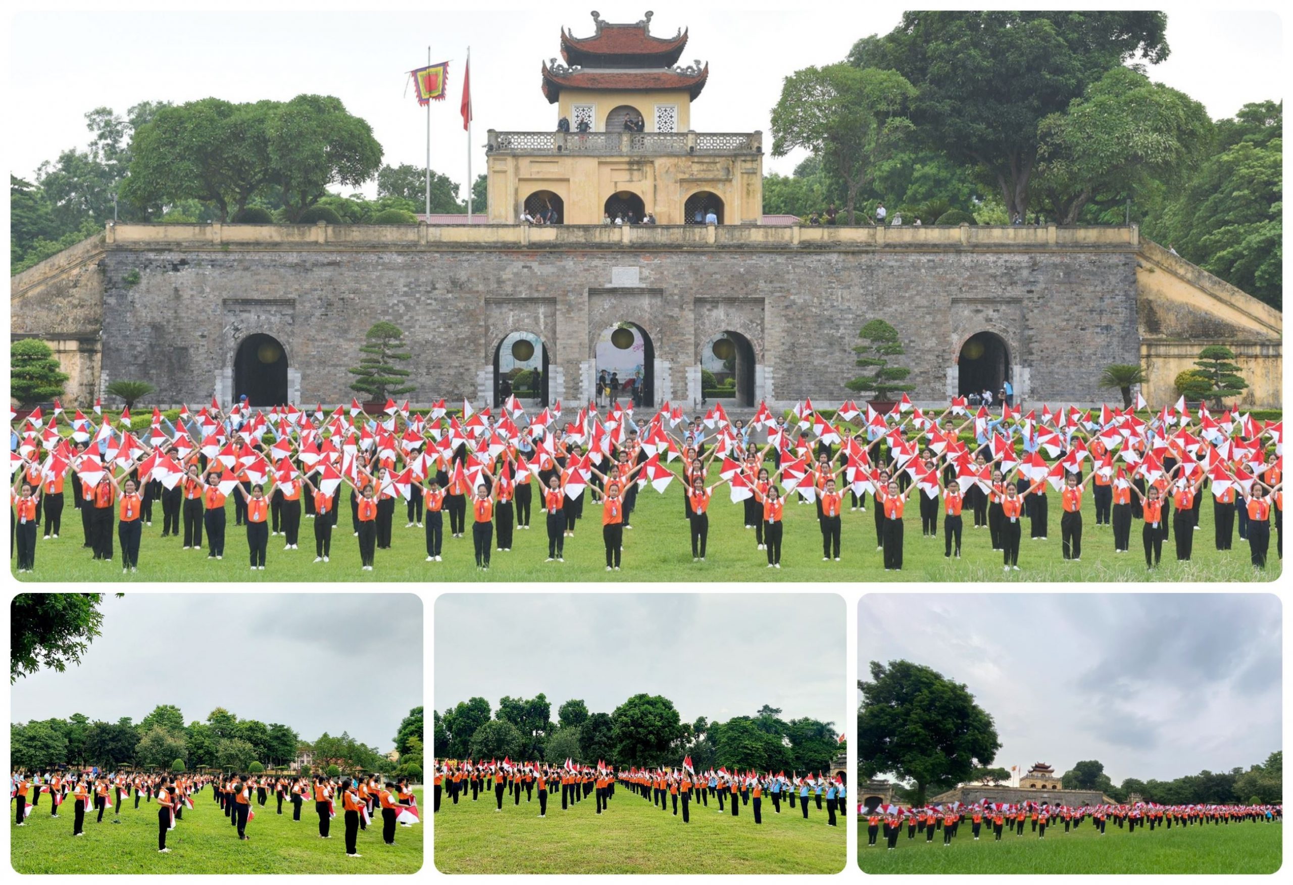 Màn đồng diễn được thực hiện tại Khu di tích Hoàng Thành Thăng Long, trên nền nhạc bài hát “Nụ cười hồng” với thông điệp “Chỉ huy Đội giỏi 2023” diễn ra đẹp mắt và ấn tượng. (Ảnh: VietKings)