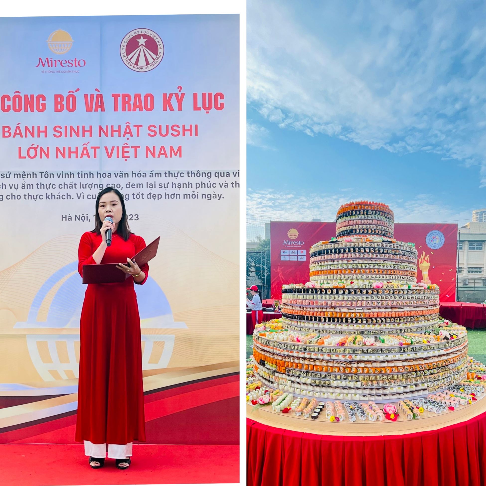Bà Phạm Thị Vân - Phó trưởng đại diện VP Kỷ lục tại miền Bắc đại diện công bố Quyết định xác lập Kỷ lục Việt Nam đến Công ty Cổ phần ẩm thực Fuku.