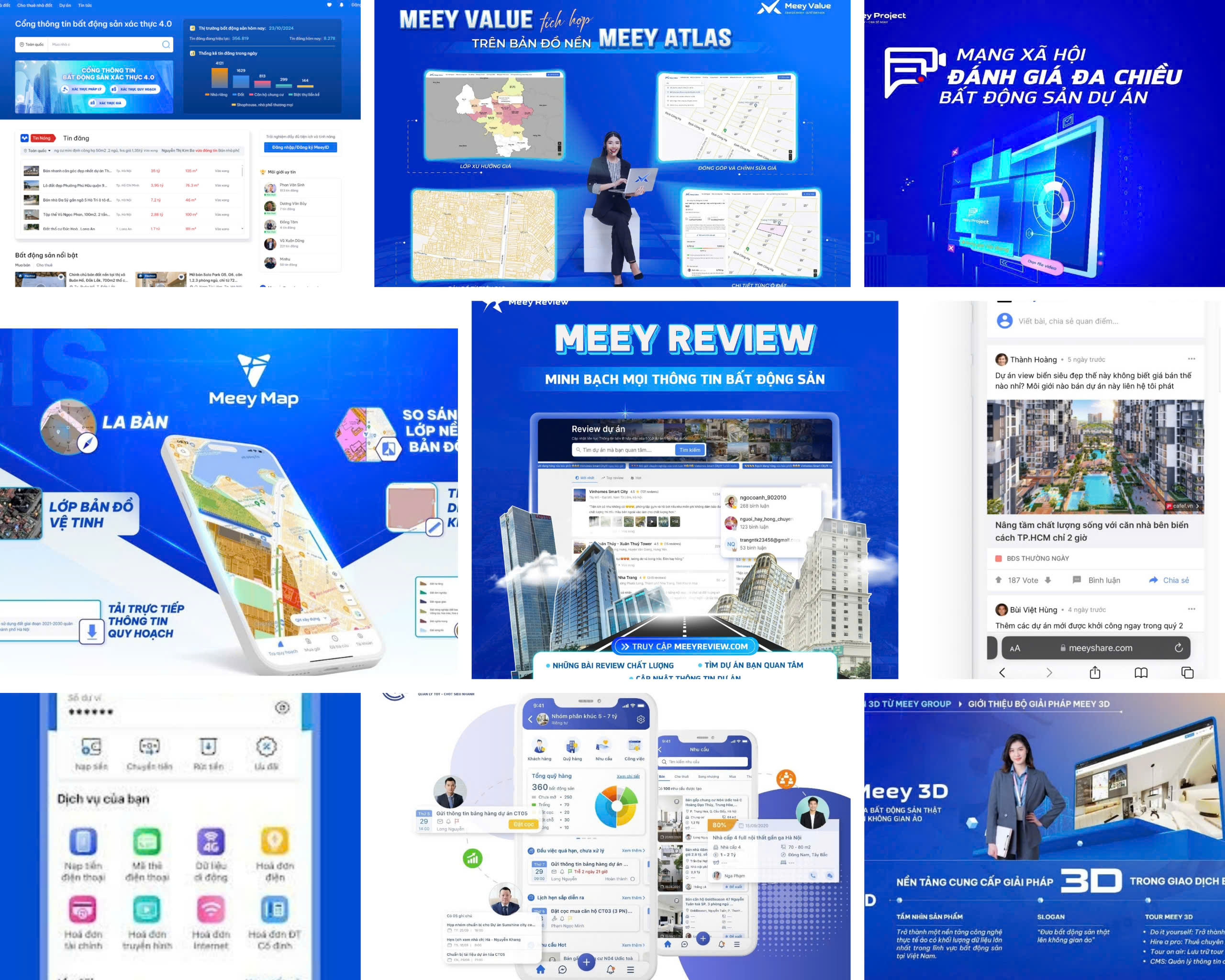 10 sản phẩm Meey Land, Meey Atlas, Meey CRM, Meey Chat, Meey 3D, Meey Project, Meey Review, Meey Value, Meey Share và Meey One.