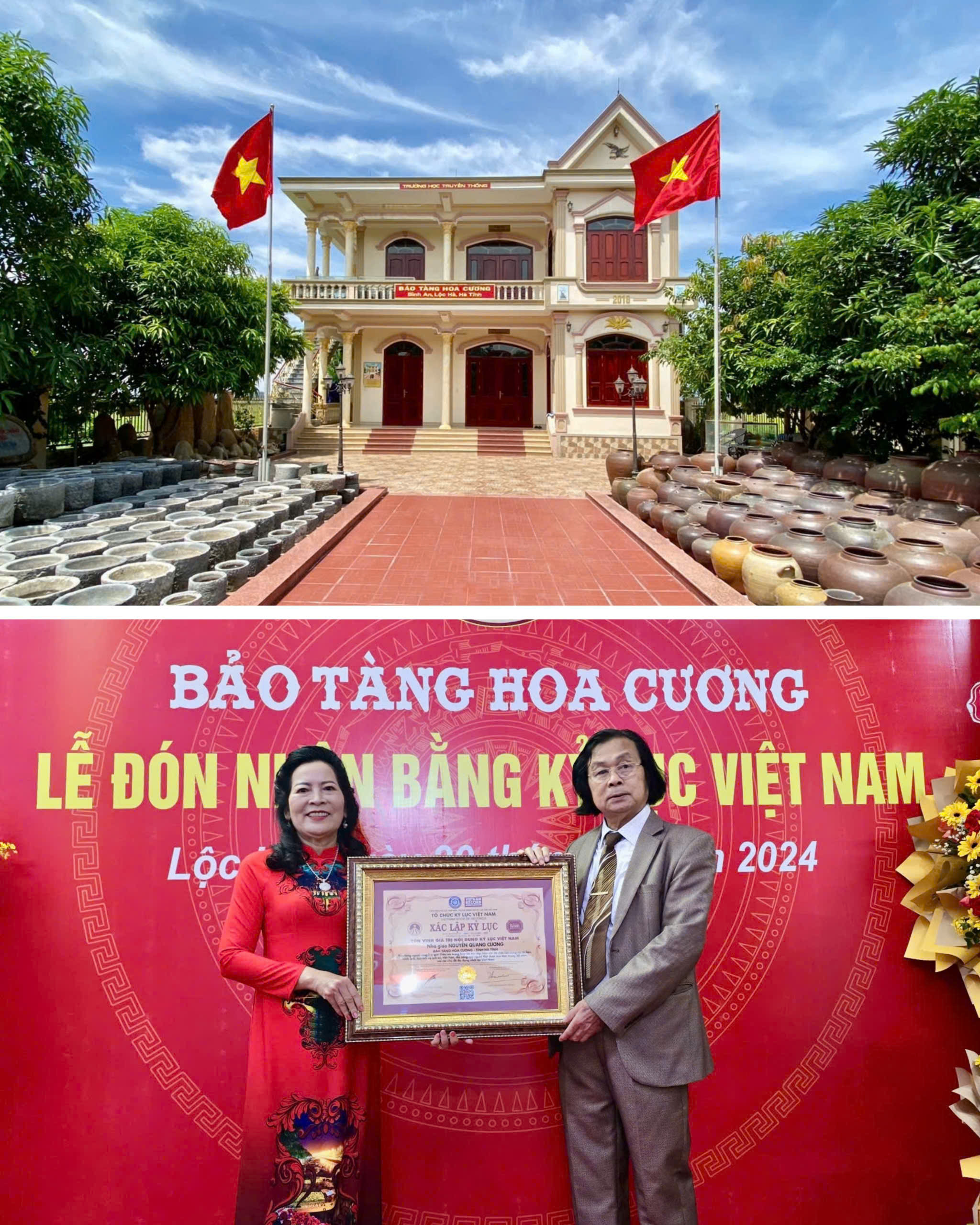 Cảnh quan bảo tàng và chân dung ông bà giáo, chủ nhân Bảo tàng Hoa Cương.