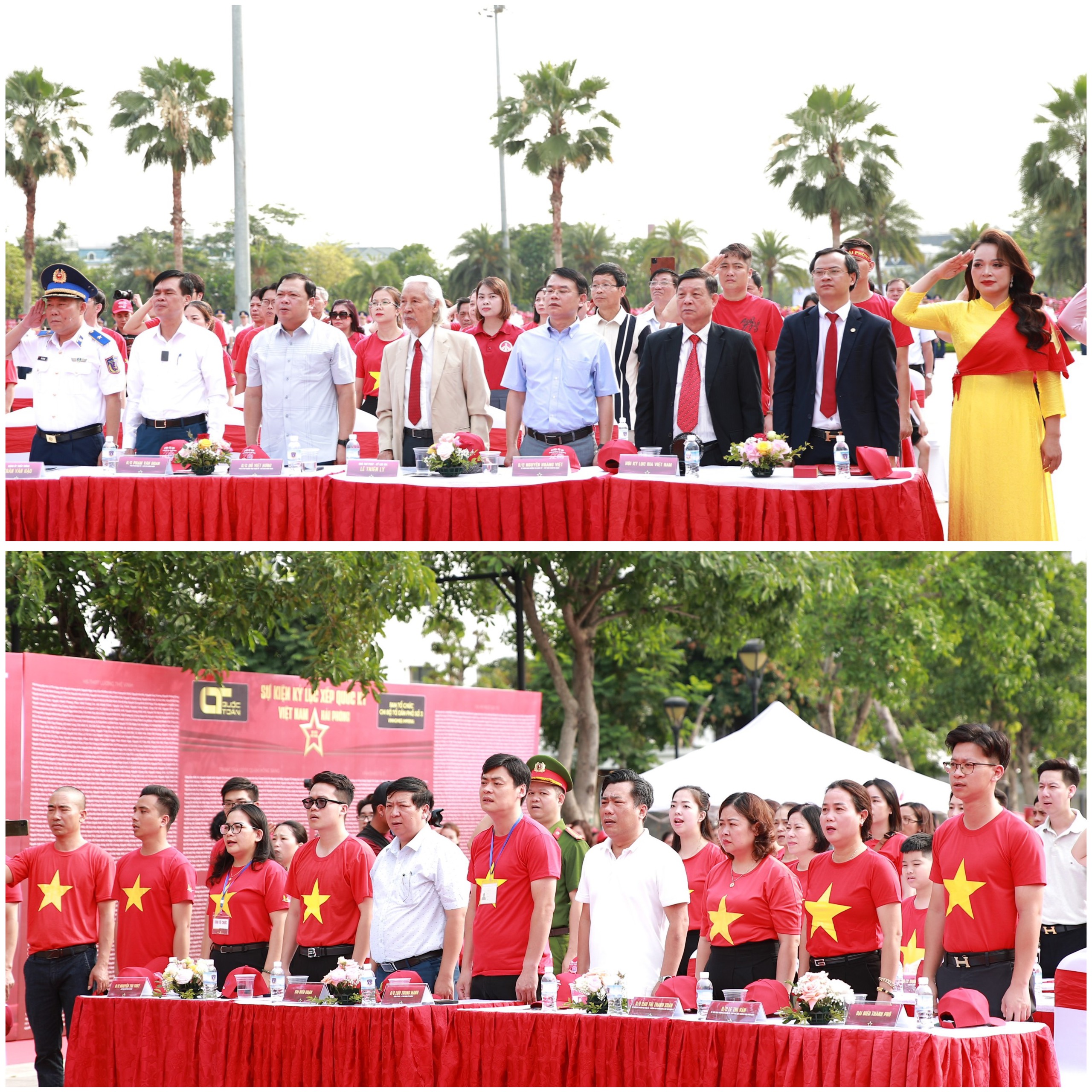 Các đại biểu cùng toàn thể nhân dân làm lễ chào cờ trước khi buổi lễ chính thức diễn ra.