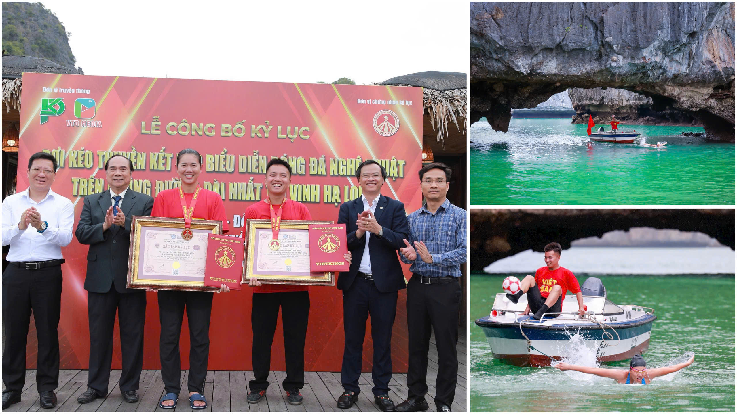 VĐV Đô Kim Phúc cùng đại diện Vietkings ký tặng bóng.