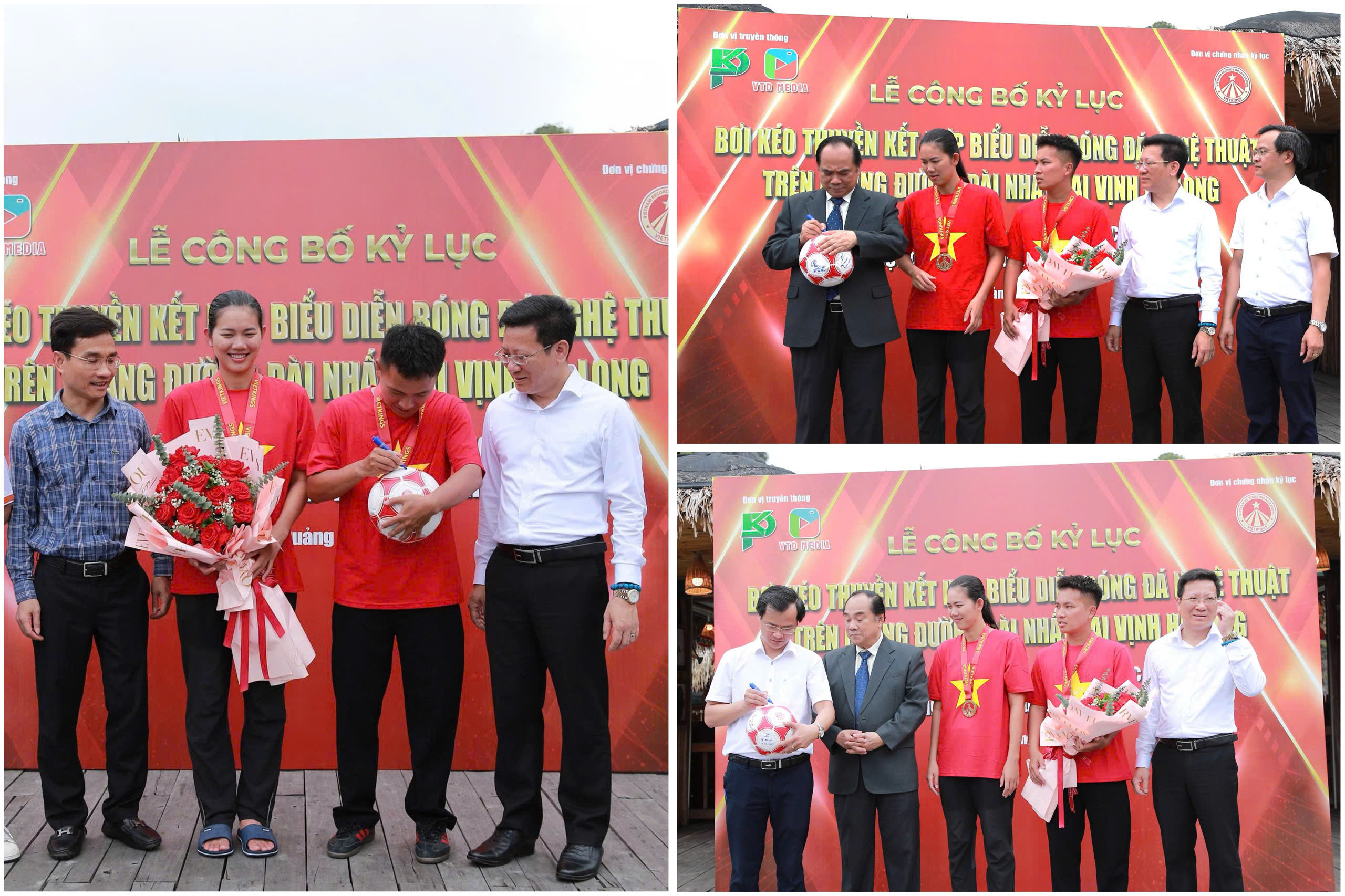 VĐV Đỗ Kim Phúc cùng đại diện Vietkings ký tặng bóng.